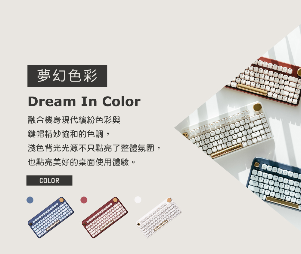 夢幻色彩 融合機身現代繽紛色彩與 鍵帽精妙協和的色調, 淺色背光光源不只點亮了整體氛圍, 也點亮美好的桌面使用體驗。 